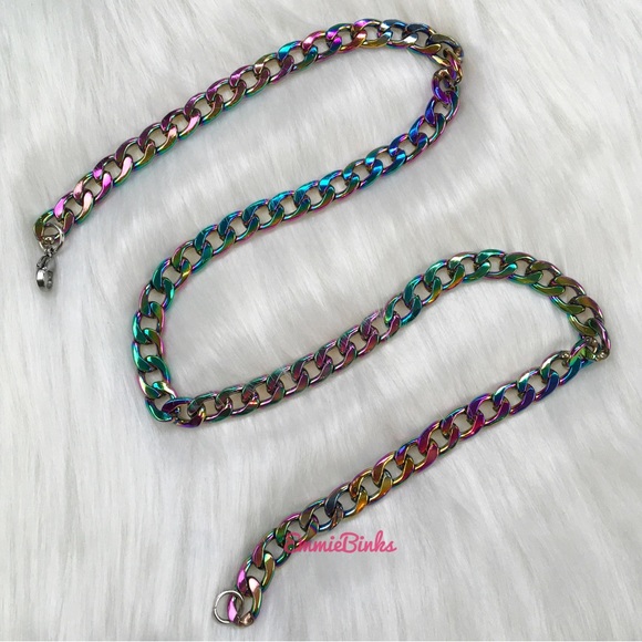New Lightweight Holographic Oil Slick Chain Link Necklace - Picture 1 of 9